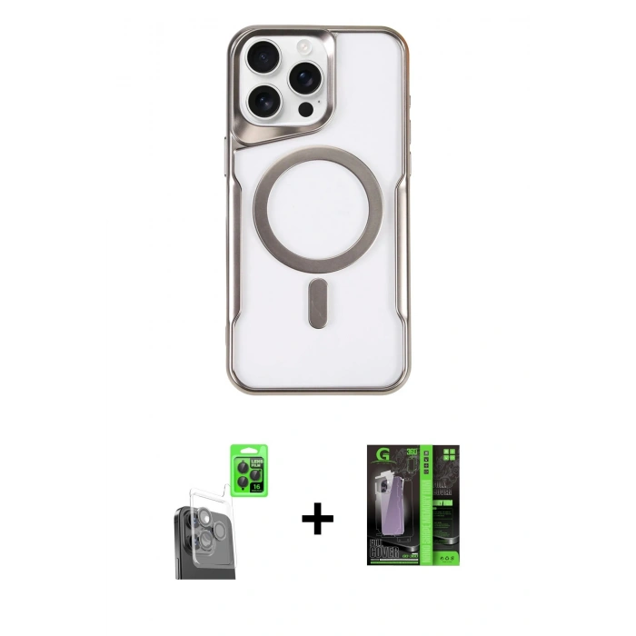 MARSİLYAN™- iPhone 16 Pro Kılıf Yadigar Klasik Özel Seri - Şeffaf 360 Full Body Arka Koruyucu + Siyah Raze Metal Kamera Lens
