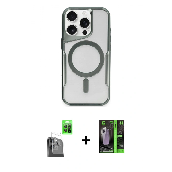 MARSİLYAN™- iPhone 16 Pro Kılıf Yadigar Klasik Özel Seri - Şeffaf 360 Full Body Arka Koruyucu + Siyah Raze Metal Kamera Lens