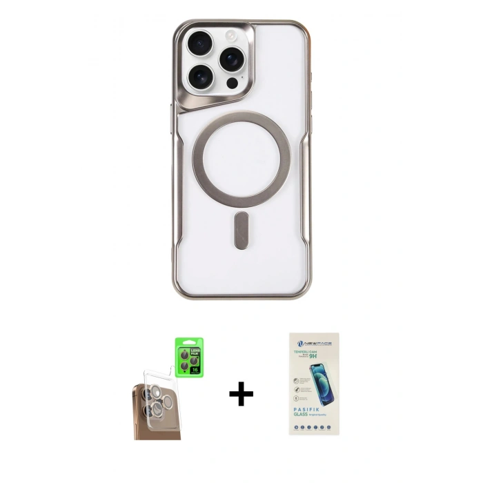 MARSİLYAN™- iPhone 16 Pro Kılıf Yadigar Klasik Özel Seri - Şeffaf Pasifik Cam Ekran Koruyucu + Çöl Titanyum Raze Metal Kamera Lens