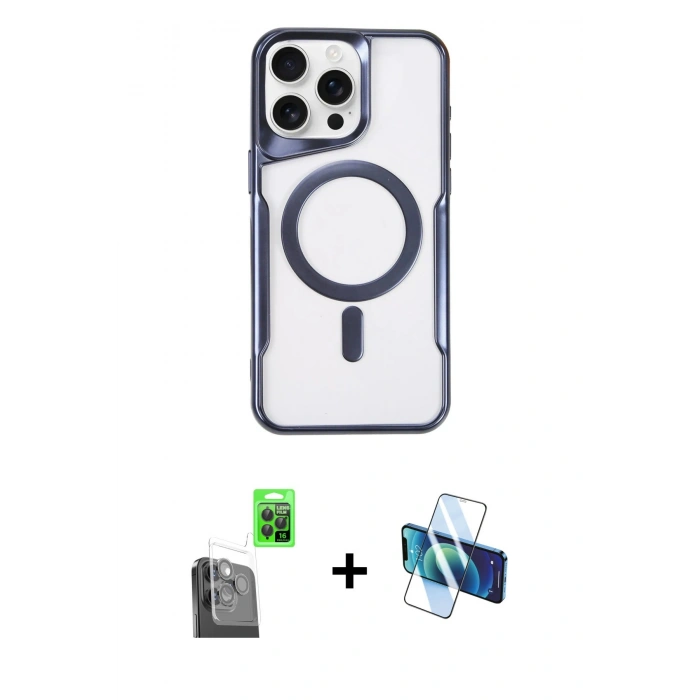MARSİLYAN™- iPhone 16 Pro Kılıf Yadigar Klasik Özel Seri - Siyah 3D Antistatik Cam Ekran Koruyucu + Raze Metal Kamera Lens - SH