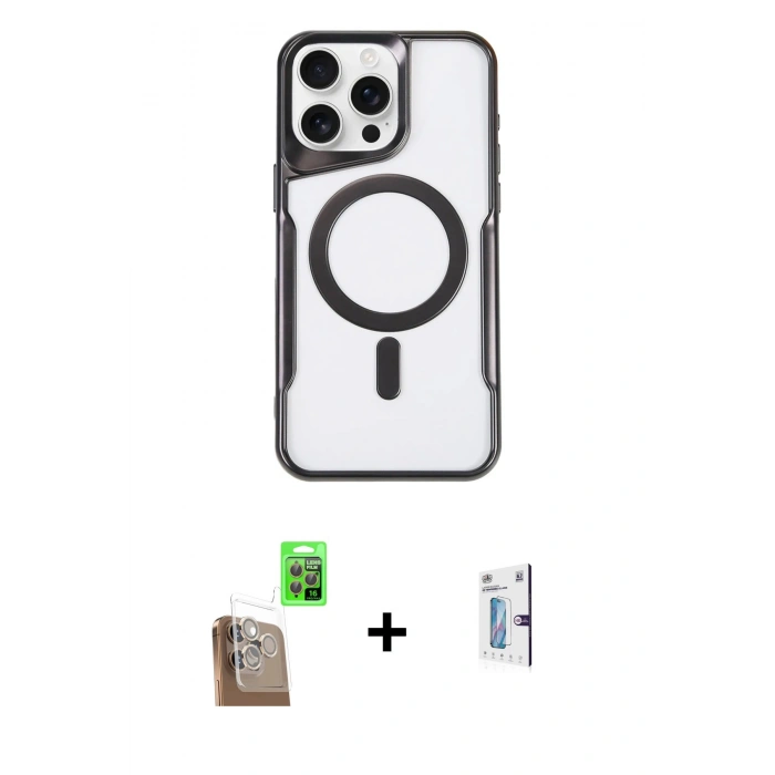 MARSİLYAN™- iPhone 16 Pro Kılıf Yadigar Klasik Özel Seri - Siyah Bilvis 0.18mm Plus Cam Ekran Koruyucu + Raze Metal Kamera Lens - CLTM