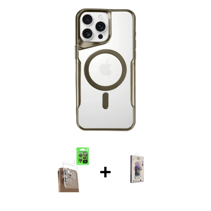 MARSİLYAN™- iPhone 16 Pro Kılıf Yadigar Klasik Özel Seri - Siyah Bilvis 3D Cam Ekran Koruyucu + Çöl Titanyum Raze Metal Kamera Lens