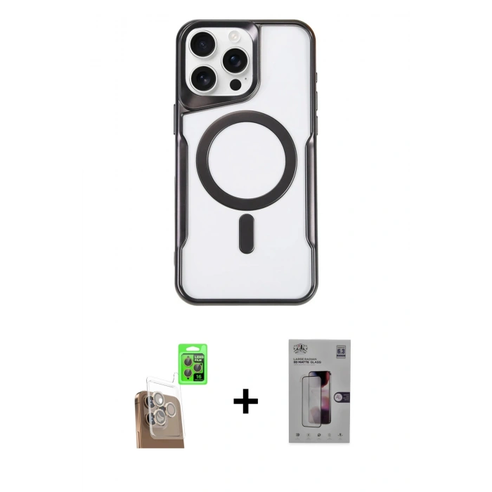MARSİLYAN™- iPhone 16 Pro Kılıf Yadigar Klasik Özel Seri - Siyah Bilvis 3D Mat Cam Ekran Koruyucu + Çöl Titanyum Raze Metal Kamera Lens