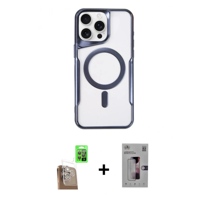MARSİLYAN™- iPhone 16 Pro Kılıf Yadigar Klasik Özel Seri - Siyah Bilvis 3D Mat Cam Ekran Koruyucu + Çöl Titanyum Raze Metal Kamera Lens