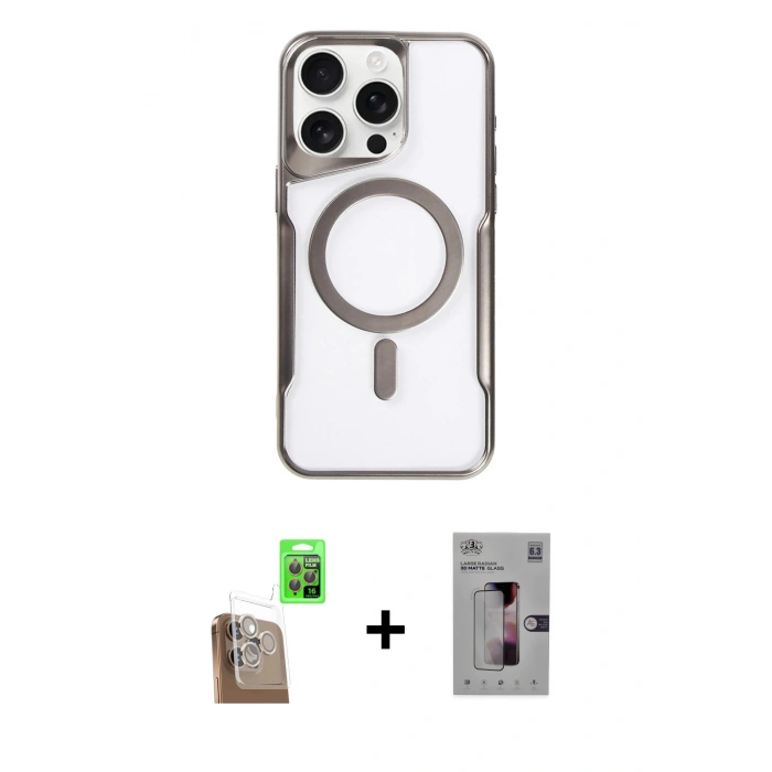 MARSİLYAN™- iPhone 16 Pro Kılıf Yadigar Klasik Özel Seri - Siyah Bilvis 3D Mat Cam Ekran Koruyucu + Çöl Titanyum Raze Metal Kamera Lens