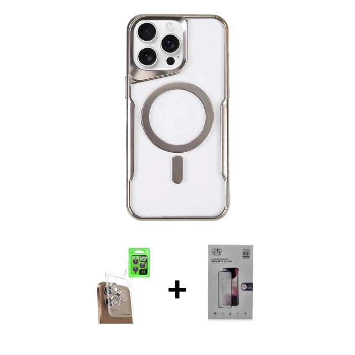MARSİLYAN™- iPhone 16 Pro Kılıf Yadigar Klasik Özel Seri - Siyah Bilvis 3D Mat Cam Ekran Koruyucu + Çöl Titanyum Raze Metal Kamera Lens