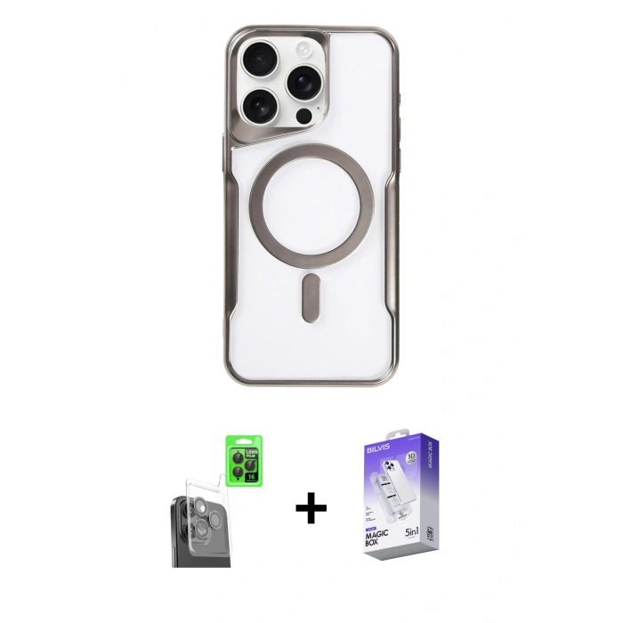 MARSİLYAN™- iPhone 16 Pro Kılıf Yadigar Klasik Özel Seri - Siyah Bilvis 5in1 3D Magic Cam Ekran Koruyucu + Raze Metal Kamera Lens - SH