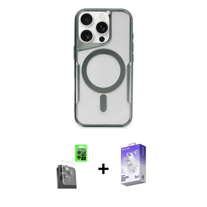 MARSİLYAN™- iPhone 16 Pro Kılıf Yadigar Klasik Özel Seri - Siyah Bilvis 5in1 3D Magic Cam Ekran Koruyucu + Raze Metal Kamera Lens - SH