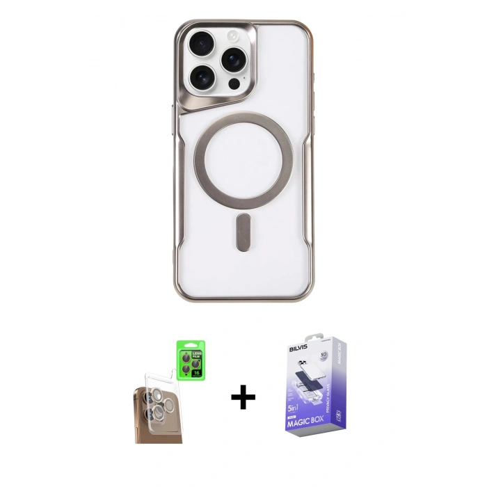 MARSİLYAN™- iPhone 16 Pro Kılıf Yadigar Klasik Özel Seri - Siyah Bilvis 5in1 5D Magic Hayalet Cam Ekran Koruyucu + Raze Metal Kamera Lens - CLTM