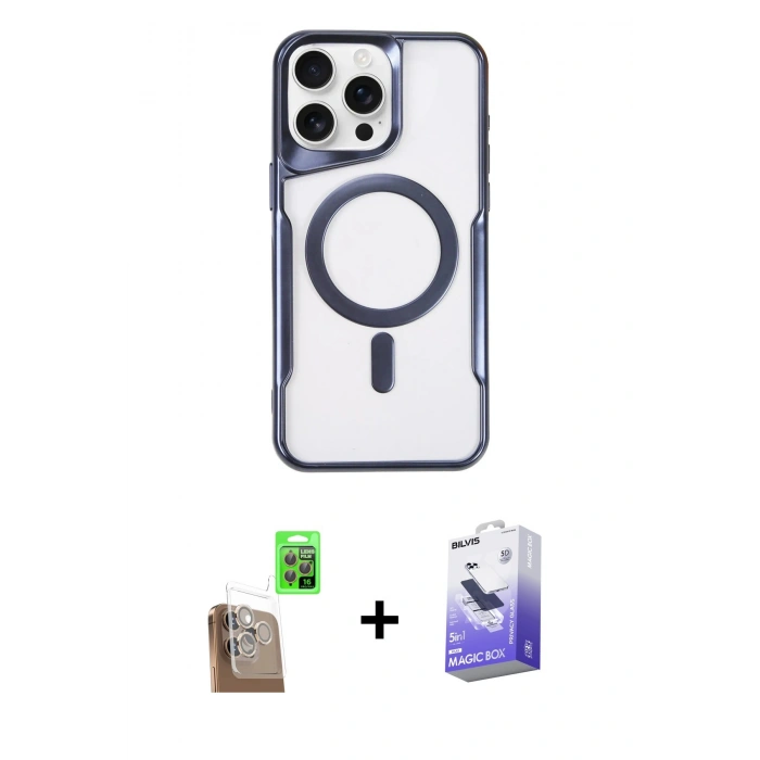MARSİLYAN™- iPhone 16 Pro Kılıf Yadigar Klasik Özel Seri - Siyah Bilvis 5in1 5D Magic Hayalet Cam Ekran Koruyucu + Çöl Titanyum Raze Metal Kamera Lens