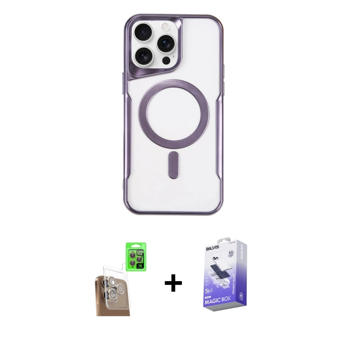 MARSİLYAN™- iPhone 16 Pro Kılıf Yadigar Klasik Özel Seri - Siyah Bilvis 5in1 5D Magic Hayalet Cam Ekran Koruyucu + Çöl Titanyum Raze Metal Kamera Lens