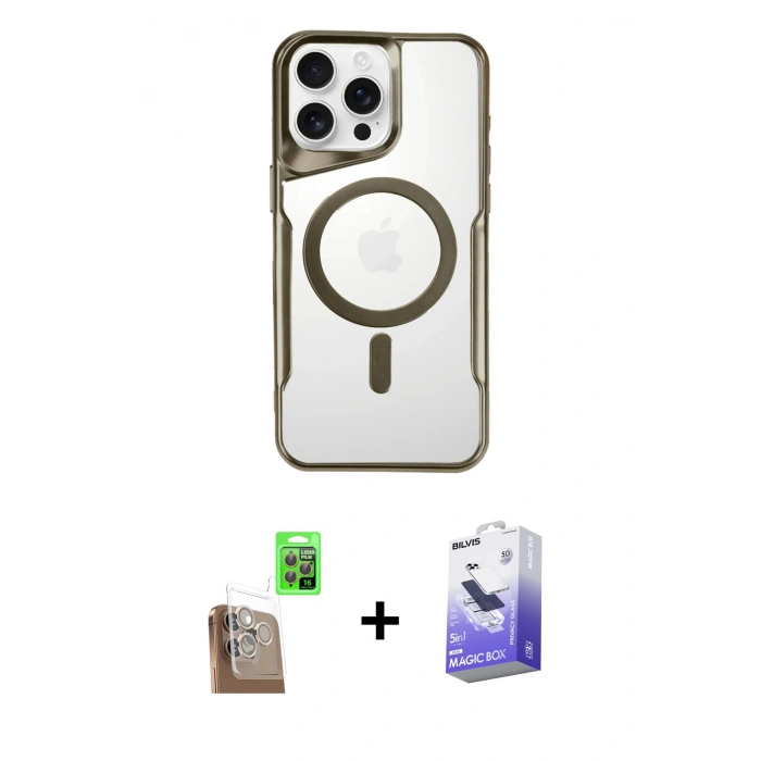 MARSİLYAN™- iPhone 16 Pro Kılıf Yadigar Klasik Özel Seri - Siyah Bilvis 5in1 5D Magic Hayalet Cam Ekran Koruyucu + Çöl Titanyum Raze Metal Kamera Lens