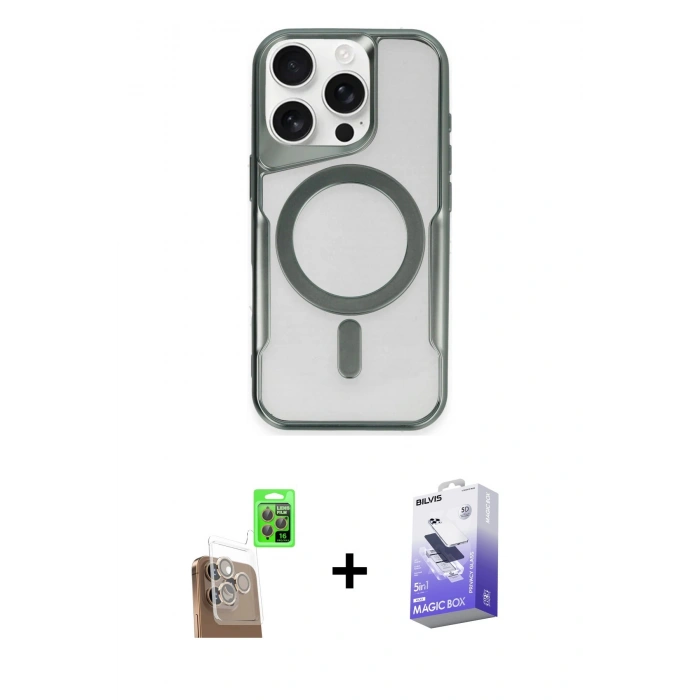MARSİLYAN™- iPhone 16 Pro Kılıf Yadigar Klasik Özel Seri - Siyah Bilvis 5in1 5D Magic Hayalet Cam Ekran Koruyucu + Çöl Titanyum Raze Metal Kamera Lens