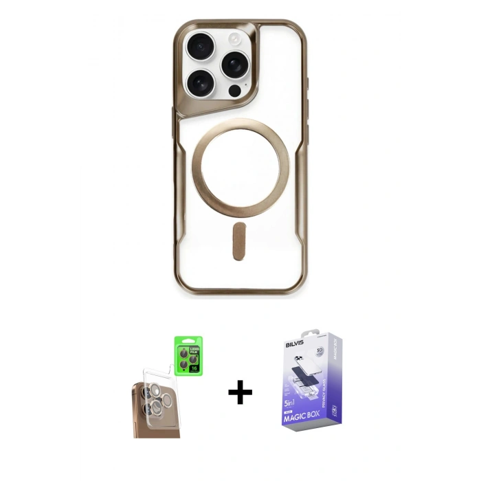MARSİLYAN™- iPhone 16 Pro Kılıf Yadigar Klasik Özel Seri - Siyah Bilvis 5in1 5D Magic Hayalet Cam Ekran Koruyucu + Çöl Titanyum Raze Metal Kamera Lens