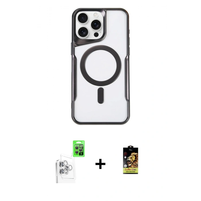 MARSİLYAN™- iPhone 16 Pro Kılıf Yadigar Klasik Özel Seri - Siyah Buffer Cam Ekran Koruyucu + Raze Metal Kamera Lens - BZ