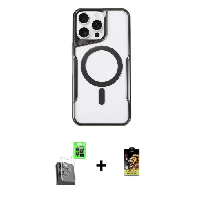 MARSİLYAN™- iPhone 16 Pro Kılıf Yadigar Klasik Özel Seri - Siyah Buffer Cam Ekran Koruyucu + Raze Metal Kamera Lens - SH