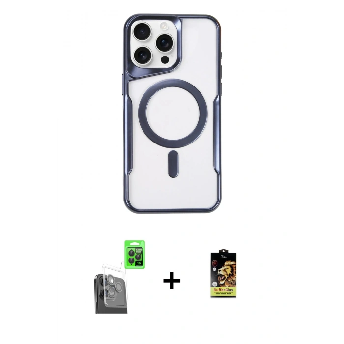 MARSİLYAN™- iPhone 16 Pro Kılıf Yadigar Klasik Özel Seri - Siyah Buffer Cam Ekran Koruyucu + Raze Metal Kamera Lens - SH