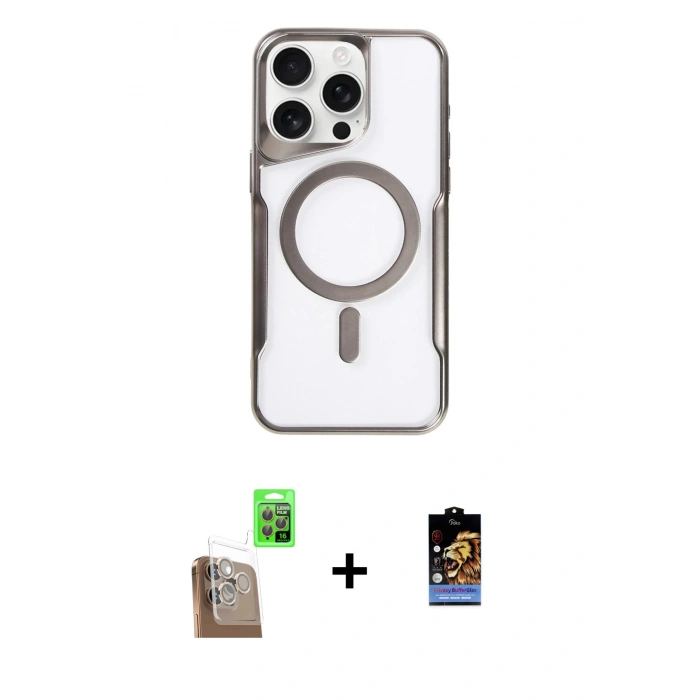 MARSİLYAN™- iPhone 16 Pro Kılıf Yadigar Klasik Özel Seri - Siyah Buffer Hayalet Cam Ekran Koruyucu + Çöl Titanyum Raze Metal Kamera Lens