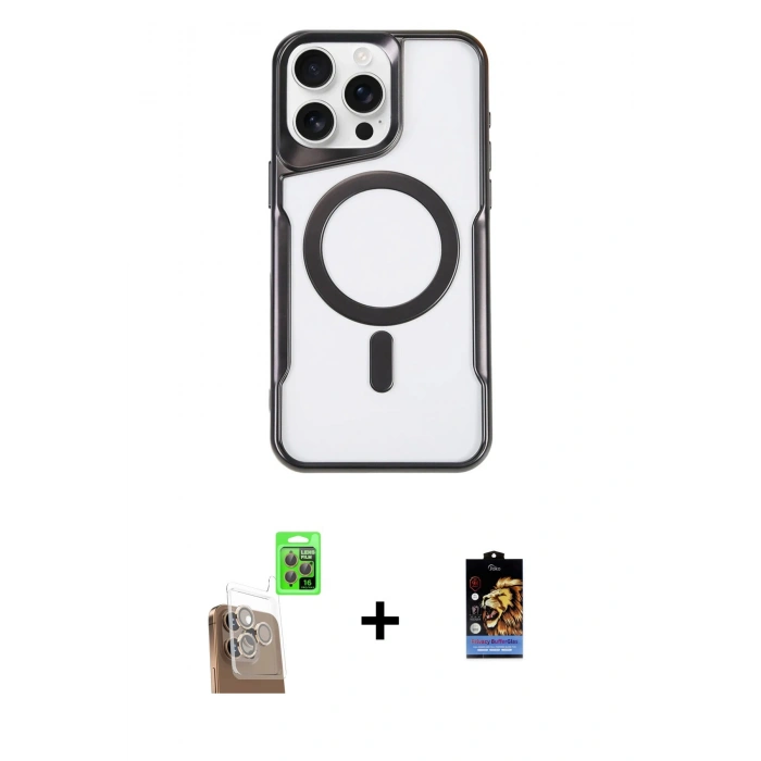 MARSİLYAN™- iPhone 16 Pro Kılıf Yadigar Klasik Özel Seri - Siyah Buffer Hayalet Cam Ekran Koruyucu + Çöl Titanyum Raze Metal Kamera Lens