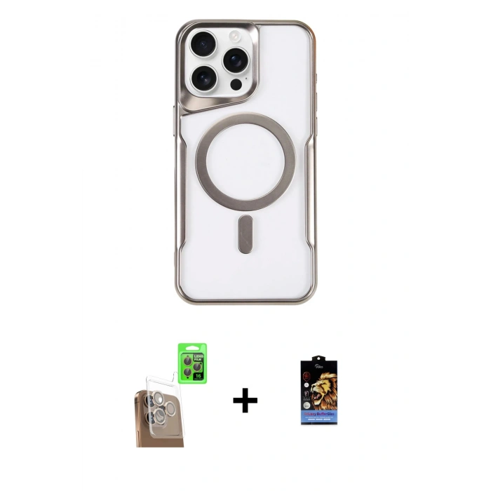 MARSİLYAN™- iPhone 16 Pro Kılıf Yadigar Klasik Özel Seri - Siyah Buffer Hayalet Cam Ekran Koruyucu + Çöl Titanyum Raze Metal Kamera Lens