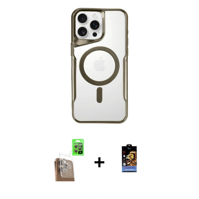 MARSİLYAN™- iPhone 16 Pro Kılıf Yadigar Klasik Özel Seri - Siyah Buffer Hayalet Cam Ekran Koruyucu + Çöl Titanyum Raze Metal Kamera Lens