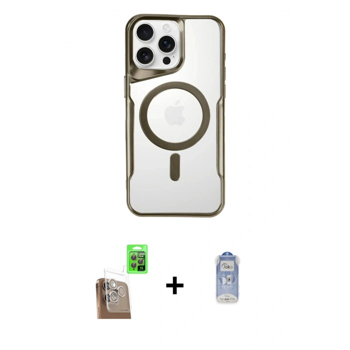 MARSİLYAN™- iPhone 16 Pro Kılıf Yadigar Klasik Özel Seri - Siyah Joko Magic 5D Cam + Çöl Titanyum Raze Metal Kamera Lens
