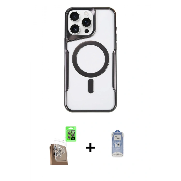 MARSİLYAN™- iPhone 16 Pro Kılıf Yadigar Klasik Özel Seri - Siyah Joko Magic 5D Cam + Çöl Titanyum Raze Metal Kamera Lens