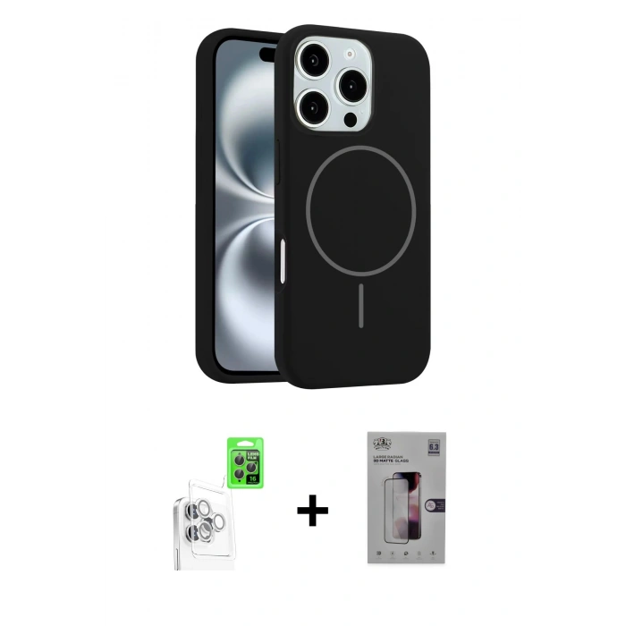 MARSİLYAN™- iPhone 16 Pro Kılıf Yankı Form Serisi - Siyah Bilvis 3D Mat Cam Ekran Koruyucu + Raze Metal Kamera Lens - BZ