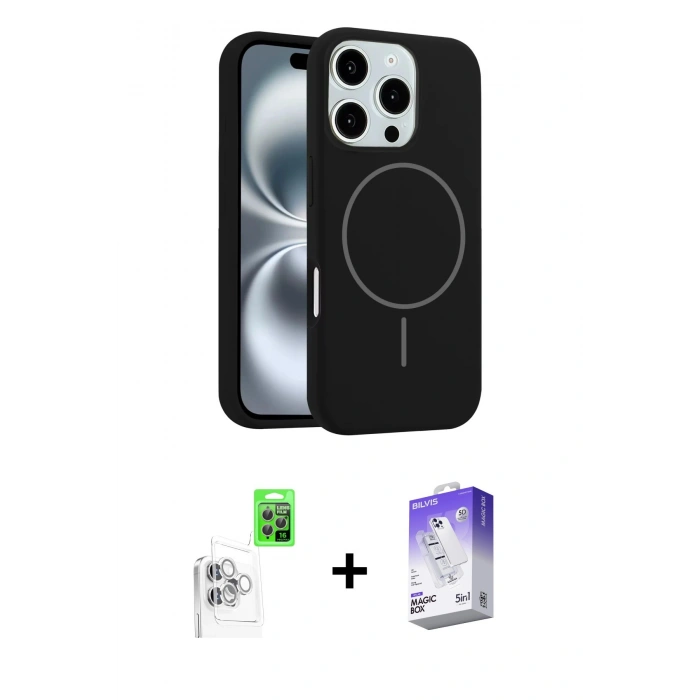 MARSİLYAN™- iPhone 16 Pro Kılıf Yankı Form Serisi - Siyah Bilvis 5in1 3D Magic Cam Ekran Koruyucu + Raze Metal Kamera Lens - BZ