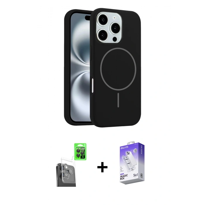 MARSİLYAN™- iPhone 16 Pro Kılıf Yankı Form Serisi - Siyah Bilvis 5in1 3D Magic Cam Ekran Koruyucu + Raze Metal Kamera Lens - SH