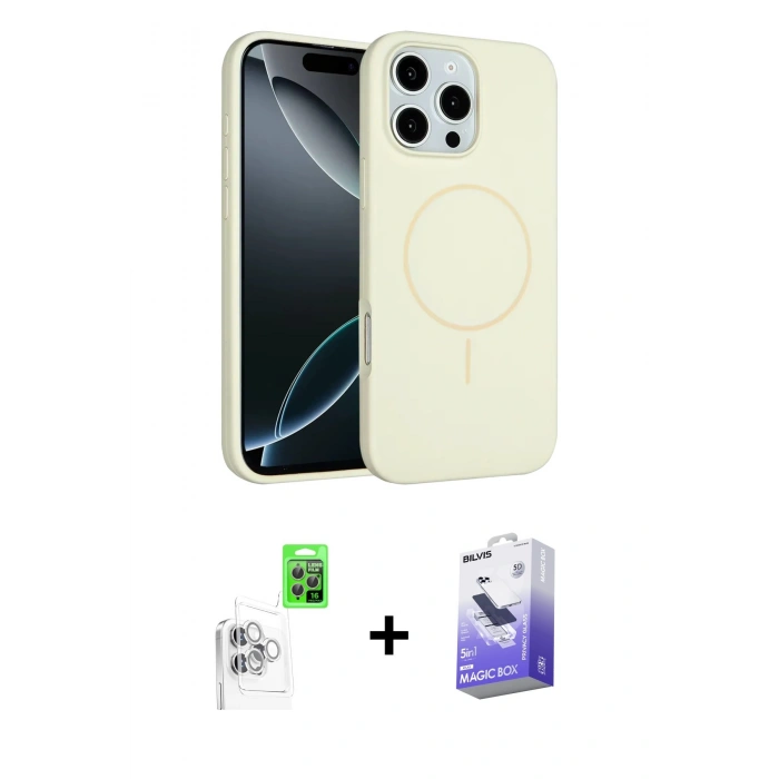 MARSİLYAN™- iPhone 16 Pro Kılıf Yankı Form Serisi - Siyah Bilvis 5in1 5D Magic Hayalet Cam Ekran Koruyucu + Beyaz Raze Metal Kamera Lens