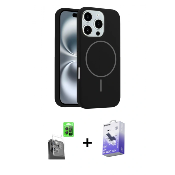 MARSİLYAN™- iPhone 16 Pro Kılıf Yankı Form Serisi - Siyah Bilvis 5in1 5D Magic Hayalet Cam Ekran Koruyucu + Raze Metal Kamera Lens - SH