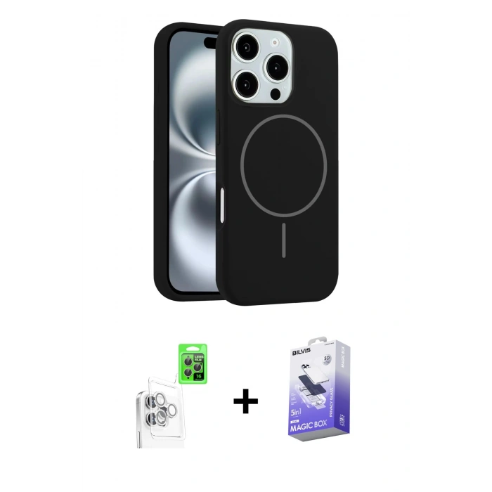MARSİLYAN™- iPhone 16 Pro Kılıf Yankı Form Serisi - Siyah Bilvis 5in1 5D Magic Hayalet Cam Ekran Koruyucu + Beyaz Raze Metal Kamera Lens