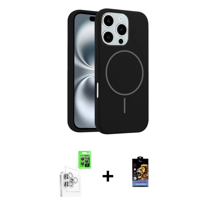 MARSİLYAN™- iPhone 16 Pro Kılıf Yankı Form Serisi - Siyah Buffer Hayalet Cam Ekran Koruyucu + Raze Metal Kamera Lens - BZ