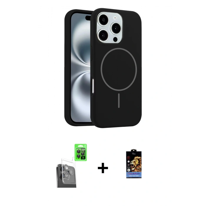 MARSİLYAN™- iPhone 16 Pro Kılıf Yankı Form Serisi - Siyah Buffer Hayalet Cam Ekran Koruyucu + Raze Metal Kamera Lens - SH