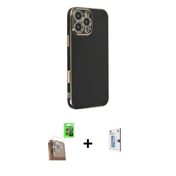 MARSİLYAN™- iPhone 16 Pro Kılıf Yankı Serisi - Siyah Bilvis 0.18mm Plus Cam Ekran Koruyucu + Raze Metal Kamera Lens - CLTM