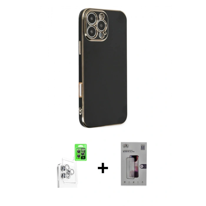 MARSİLYAN™- iPhone 16 Pro Kılıf Yankı Serisi - Siyah Bilvis 3D Mat Cam Ekran Koruyucu + Raze Metal Kamera Lens - BZ