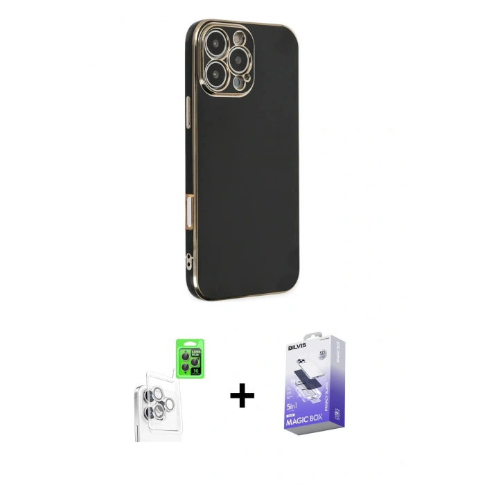 MARSİLYAN™- iPhone 16 Pro Kılıf Yankı Serisi - Siyah Bilvis 5in1 5D Magic Hayalet Cam Ekran Koruyucu + Raze Metal Kamera Lens - BZ