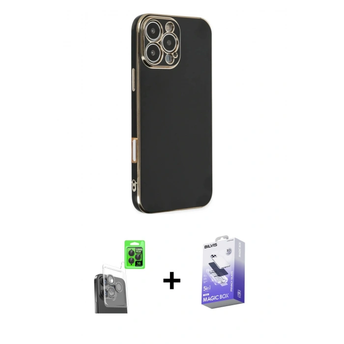 MARSİLYAN™- iPhone 16 Pro Kılıf Yankı Serisi - Siyah Bilvis 5in1 5D Magic Hayalet Cam Ekran Koruyucu + Raze Metal Kamera Lens - SH