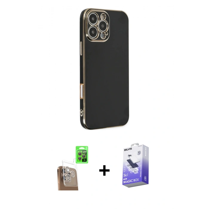 MARSİLYAN™- iPhone 16 Pro Kılıf Yankı Serisi - Siyah Bilvis 5in1 5D Magic Hayalet Cam Ekran Koruyucu + Raze Metal Kamera Lens - CLTM