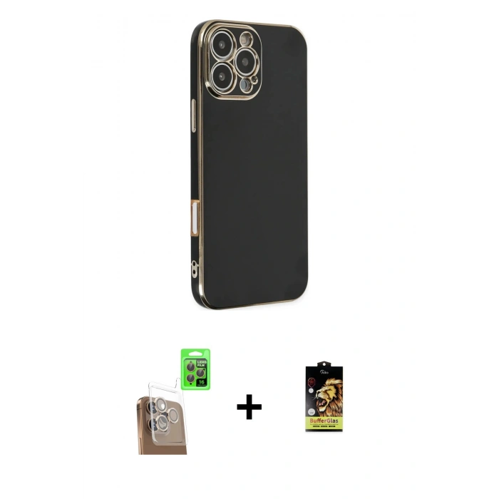 MARSİLYAN™- iPhone 16 Pro Kılıf Yankı Serisi - Siyah Buffer Cam Ekran Koruyucu + Raze Metal Kamera Lens - CLTM