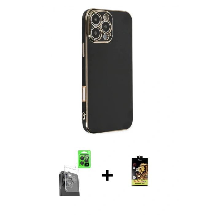 MARSİLYAN™- iPhone 16 Pro Kılıf Yankı Serisi - Siyah Buffer Cam Ekran Koruyucu + Raze Metal Kamera Lens - SH
