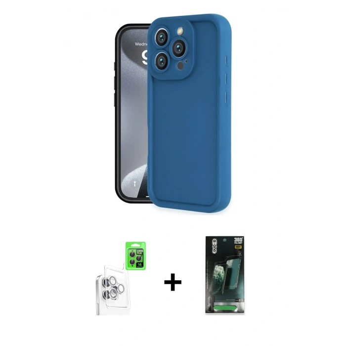 MARSİLYAN™- iPhone 16 Pro Kılıf Yankı Yansıma Özel Seri - Siyah 360 Mat Full Body Arka Koruyucu + Raze Metal Kamera Lens - BZ