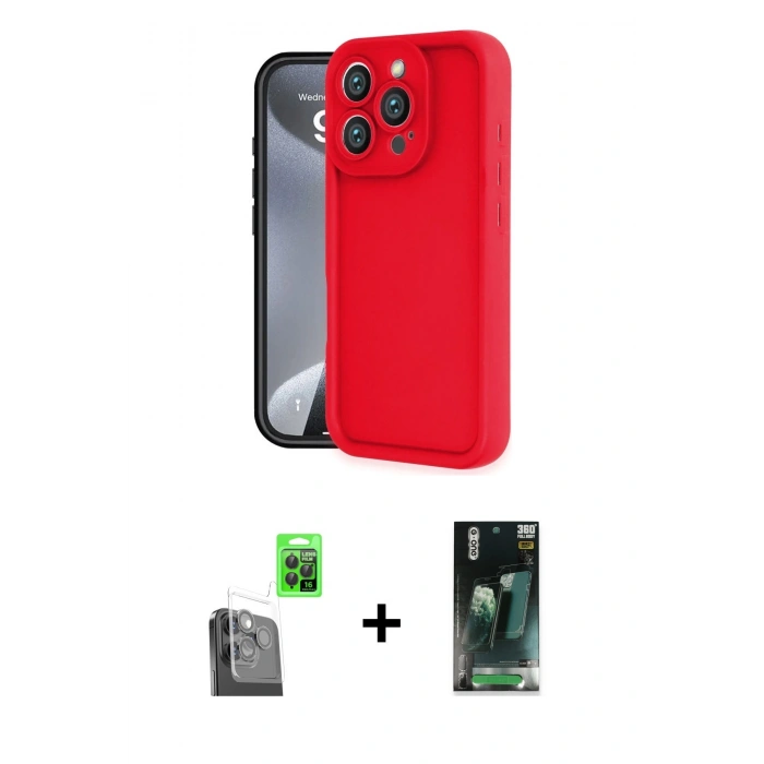 MARSİLYAN™- iPhone 16 Pro Kılıf Yankı Yansıma Özel Seri - Siyah 360 Mat Full Body Arka Koruyucu + Siyah Raze Metal Kamera Lens