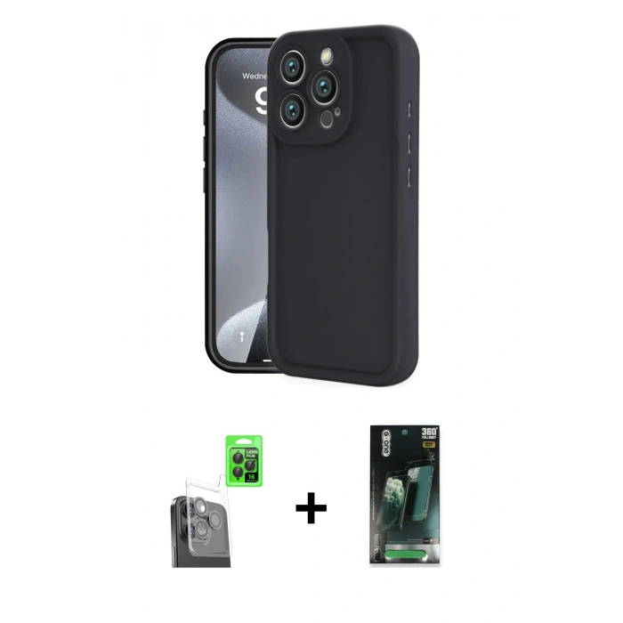 MARSİLYAN™- iPhone 16 Pro Kılıf Yankı Yansıma Özel Seri - Siyah 360 Mat Full Body Arka Koruyucu + Siyah Raze Metal Kamera Lens