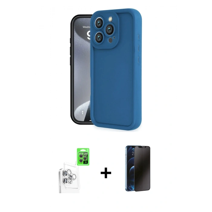MARSİLYAN™- iPhone 16 Pro Kılıf Yankı Yansıma Özel Seri - Siyah 3D Antistatik Hayalet Cam Ekran Koruyucu + Raze Metal Kamera Lens - BZ