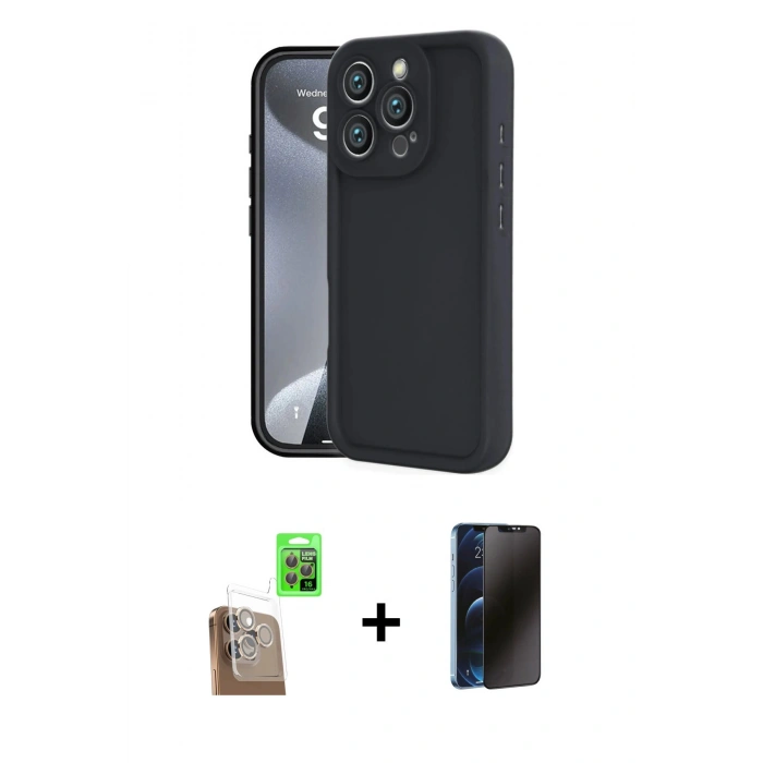 MARSİLYAN™- iPhone 16 Pro Kılıf Yankı Yansıma Özel Seri - Siyah 3D Antistatik Hayalet Cam Ekran Koruyucu + Raze Metal Kamera Lens - CLTM
