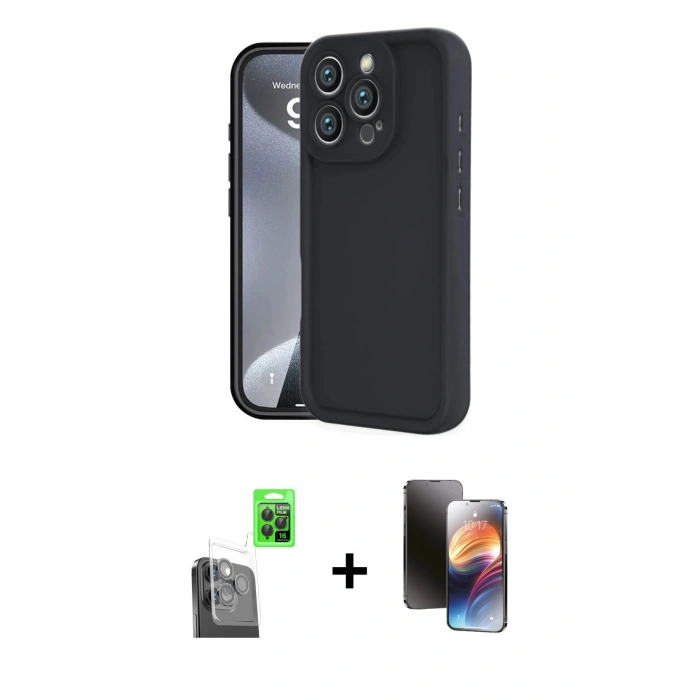 MARSİLYAN™- iPhone 16 Pro Kılıf Yankı Yansıma Özel Seri - Siyah 3D Antistatik Mat Seramik Nano Ekran Koruyucu + Raze Metal Kamera Lens - SH