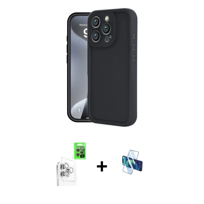MARSİLYAN™- iPhone 16 Pro Kılıf Yankı Yansıma Özel Seri - Siyah 3D Antistatik Seramik Nano Ekran Koruyucu + Raze Metal Kamera Lens - BZ