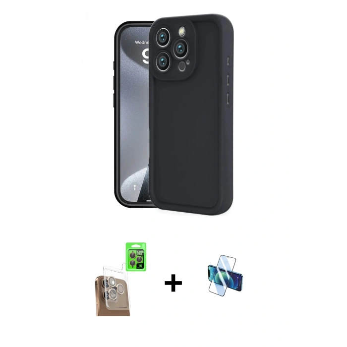 MARSİLYAN™- iPhone 16 Pro Kılıf Yankı Yansıma Özel Seri - Siyah 3D Antistatik Seramik Nano Ekran Koruyucu + Raze Metal Kamera Lens - CLTM